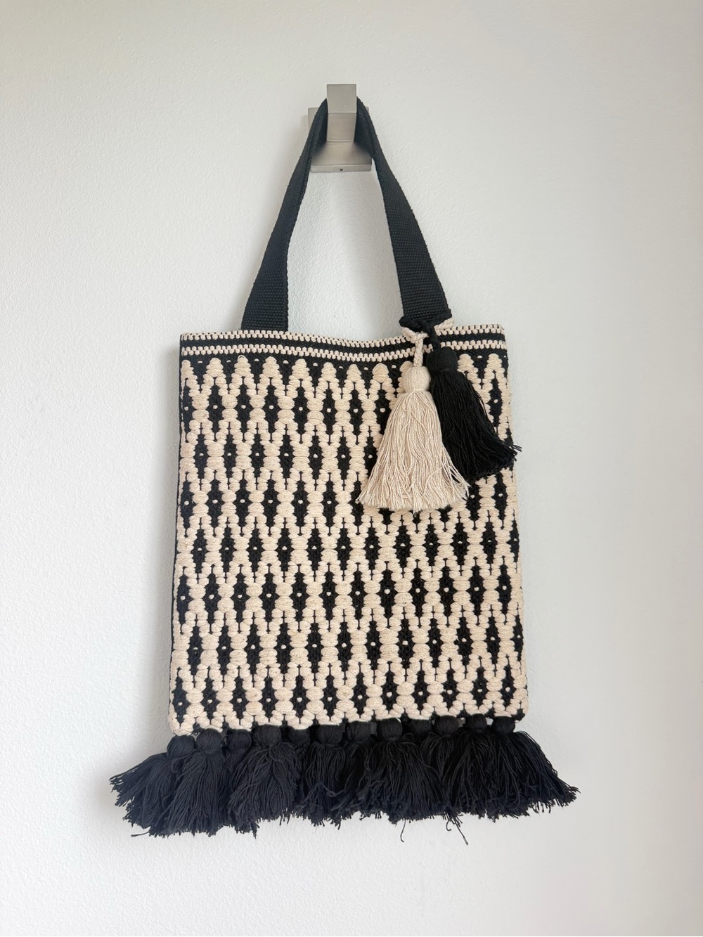 Black and Cream Woven Tassel Tote